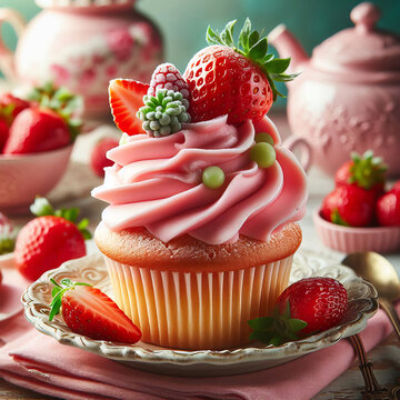 Delicious Strawberry Cupcake with Pink Frosting and Fresh Fruit Topping