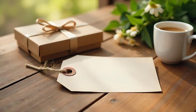 Father's day card empty tag. Space for text label. Cup and present box on table. Gift box and beverage. Objects. Summer time created with generative ai