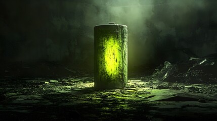 Poster - A captivating neon green cylindrical object illuminated in a dark, mysterious environment, showcasing creative lighting and textures perfect for digital art and design projects.