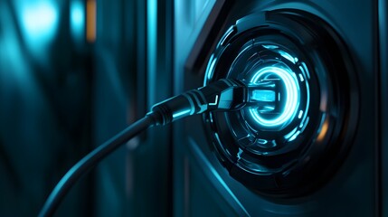 Poster - A close-up shot of a futuristic power connector with a glowing blue light. The image emphasizes technology and innovation, showcasing the intricate details of modern engineering.