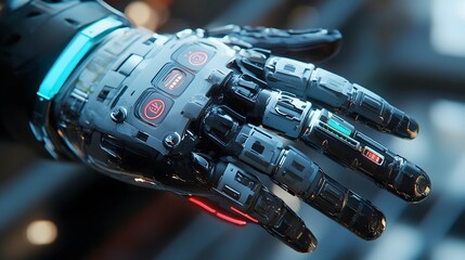 Poster - A close-up view of a futuristic robotic hand featuring intricate designs and advanced technology, symbolizing the integration of robotics into daily life and future innovations.