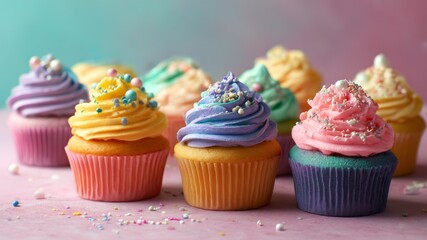 a vibrant array of colorful cupcakes with creamy frosting and sprinkles.