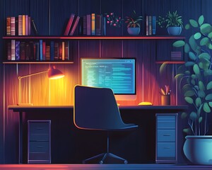 Poster - A cozy workspace featuring a sleek desk, modern computer setup, bookshelves filled with books, and a green plant, creating an inviting atmosphere for productivity and creativity.