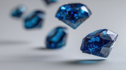Wall Mural - a floating cluster of sapphire-blue faceted gems in motion, illuminated by a single overhead light s