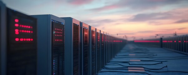 Poster - A modern data center featuring rows of powerful servers with vivid LED lights in a high-tech atmosphere during sunset. Ideal for depicting advancements in technology and computing.