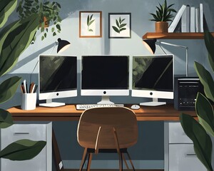 Poster - A stylish home office featuring three modern monitors, a wooden desk, and decorative plants that create a serene workspace for productivity and creativity.