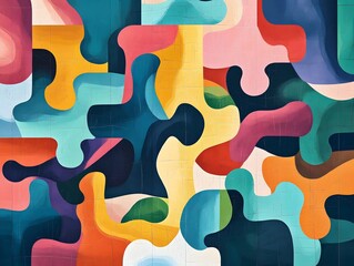 Poster - A vibrant abstract puzzle artwork featuring colorful shapes in harmonious arrangements, providing a visually stimulating and creative backdrop suitable for various uses.