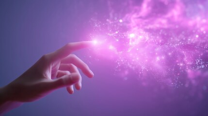 Poster - Creative hand reaching for cosmic energy with glowing purple particles in a mystical atmosphere