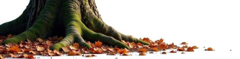 Wall Mural - forest floor with fallen branches and leaves covering the ground at the base of a tall tree on white