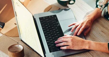 Aufkleber - Website, small business and hands of person on laptop with support for shipping plan, supplier or boxes. Startup, supply chain or logistics worker typing for package, stock or delivery distribution