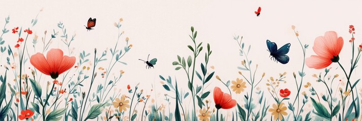 Aufkleber - Wildflowers and insects harmonize in a delicate illustration capturing natures beauty on a pale background