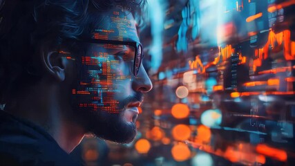 Poster - Silhouette of a man head overlaid with financial data charts and glowing cityscape, symbolizing market analytics and digital economy