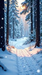Wall Mural - snowflakes gently fall on a serene forest path, winter landscape, frozen lake, tree trunks