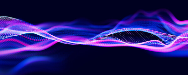 Poster - Abstract wave of particles. Big data digital flow concept. LLM learning process, AI technology. Quantum computing. 