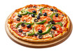 © GraysonStock - vegetarian pizza with sliced tomatoes, mushrooms, black olives, cut out transparent background, png