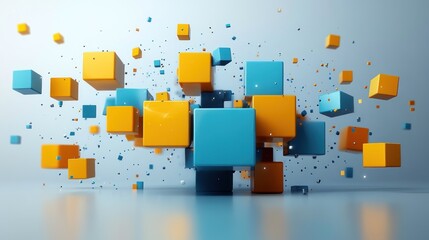 Poster - dynamic composition showcasing floating blue and yellow cubes creating a modern and abstract 3d render with clean lines and vibrant colors