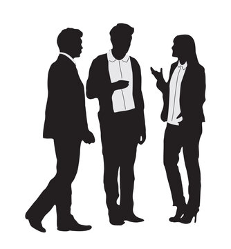 Group of Business people, men and woman talking to each other, discussing work problems. Scene is serious and formal. Flat vector silhouette illustration isolated on transparent background