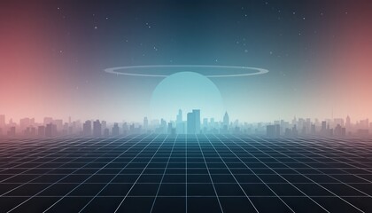 Poster - Futuristic cityscape visualization digital art urban environment night view sci-fi concept with grids and celestial elements