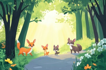 Poster - Soft animals walk together on a sunlit forest path surrounded by lush greenery and colorful flowers