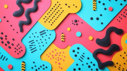 Fototapete - Colorful Memphis style abstract shapes with zigzags, squiggles, dots, and triangles on a vibrant background showcase playful design elements