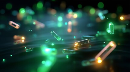 Poster - Colorful glowing capsules floating in a dark liquid creating a mesmerizing visual effect in a laboratory setting