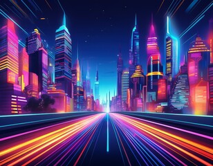 neon city road at night with light streaks futuristic cityscape with glowing skyscrapers bright vibr