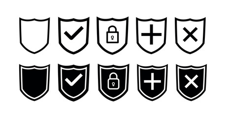 Poster - set of shields icon. security shield check mark, protection, cross, plus, padlock icon for app, website. shield png and vector illustration on transparent background.