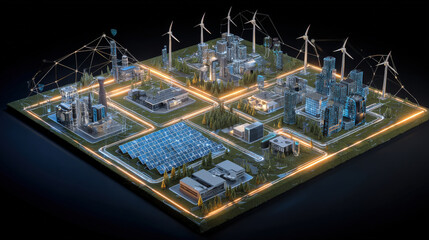Leinwandbilder - 3D render of futuristic smart city powered by clean energy, featuring wind turbines, solar panels, and modern architecture. city is illuminated, showcasing sustainable technology