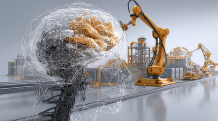 Poster - 3D render of brain machine interface system shows cognitive technology integrated with industrial robots in futuristic factory setting