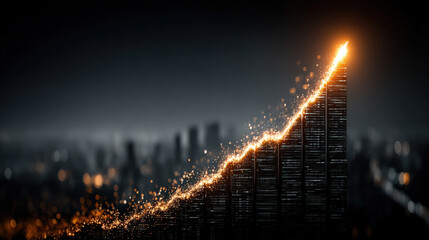 Leinwandbilder - glowing upward graph made of light particles symbolizes economic growth against blurred cityscape background, conveying progress and success