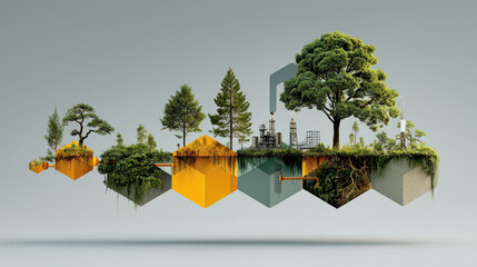 Poster - surreal landscape features floating geometric shapes with trees and industrial elements, symbolizing intersection of nature and industry. scene evokes sense of balance and contrast