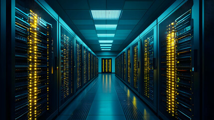 Poster - Modern Data Center Corridor With Glowing Cables