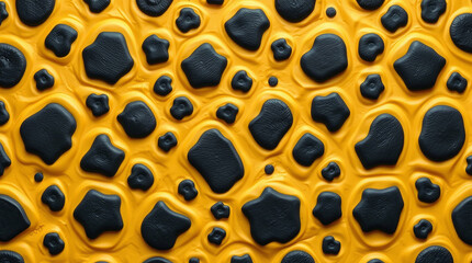 Aufkleber - Black shapes pattern on bright yellow. Abstract design with spots. Smooth surface with rounded elements. Dark forms on liquid material. Repeating shapes background. Spotted cover texture. 