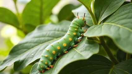 Aufkleber - Vibrant Green Caterpillar Crawling on Leaf Surrounded by Lush Foliage and Soft Light in Natural Environment