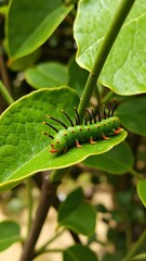 Aufkleber - Vibrant Green Caterpillar Crawling on Leaf Surrounded by Lush Foliage and Soft Light in Natural Environment