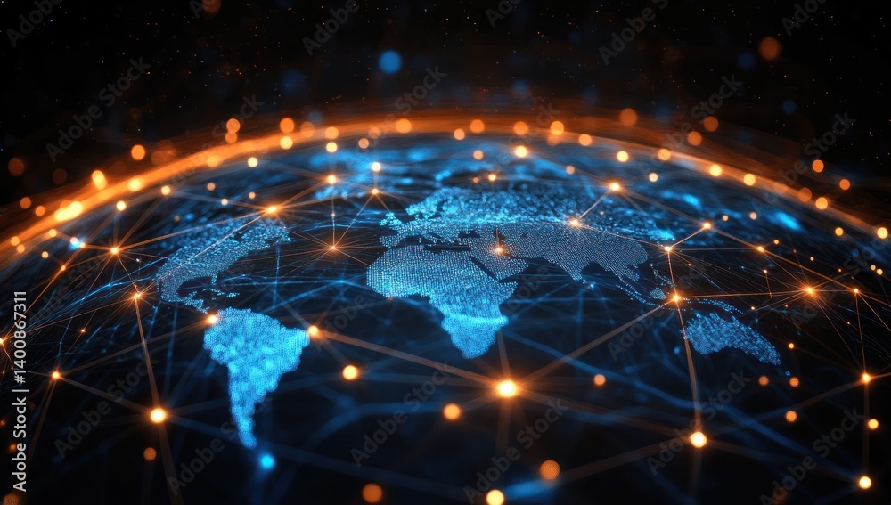 Global network illustration with world map and interconnected nodes ...