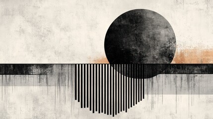 Poster - abstract composition featuring a textured black circle intersecting with lines on a neutral backdrop offering a visually intriguing artwork
