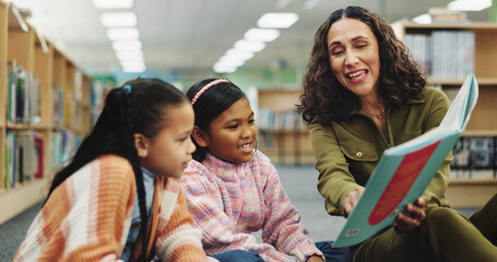 Poster - School kids, teacher and education with book at library for development, learning or study with guide. Children, reading and storytelling with woman for help, excited or teaching language at academy