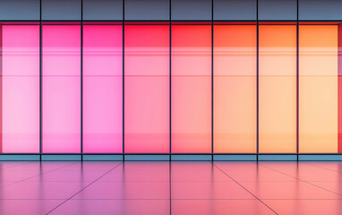 Poster - Vibrant colored glass wall showcasing gradient hues of pink and orange, creating modern and artistic atmosphere