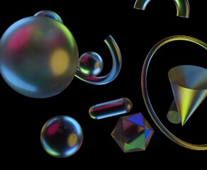 Aufkleber - 3D illustration with colorful, translucent geometric shapes like spheres, cylinders, and polyhedrons on a black background, creating a futuristic and glossy visual effect.