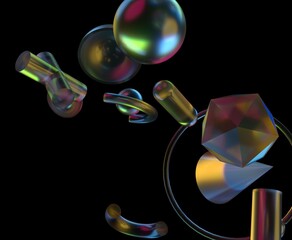 Aufkleber - 3D illustration with colorful, translucent geometric shapes like spheres, cylinders, and polyhedrons on a black background, creating a futuristic and glossy visual effect.