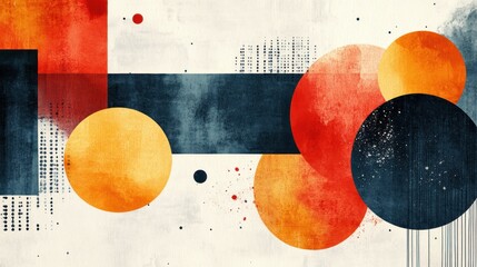 Poster - abstract composition featuring circles squares and lines in shades of orange blue and red creating a modern and geometric design element