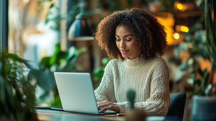 Poster - Woman using laptop in cafe working remotely online business freelance job lifestyle african american girl 100