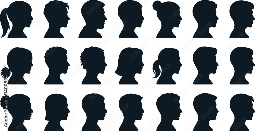 Human Head Silhouettes Vector Illustration Featuring a Mix of Male and ...