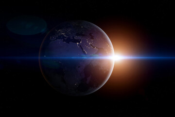 Wall Mural - space, sun and planet earth. amazing planet earth at night with continets and city light on the star