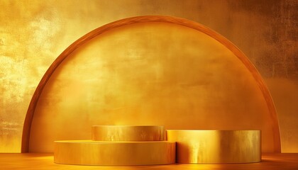 Poster - Elegant Gold Pedestal Display With Geometric Shapes And Half Circle Back Wall, Gradient Design, Ideal For Presenting Cosmetics Products.