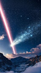 Wall Mural - dramatic night sky with glowing comet streaks above snow-capped mountains, fantasy space scene