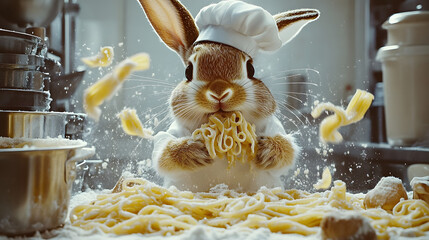 playful bunny chef in a floury kitchen making pasta cook food cute meal funny chaos white brown imag
