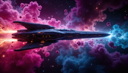 Wall Mural - futuristic spaceship through cosmic clouds