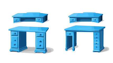 Poster - Pixel Art Blue Desks: Isometric View of Modern Office Furniture